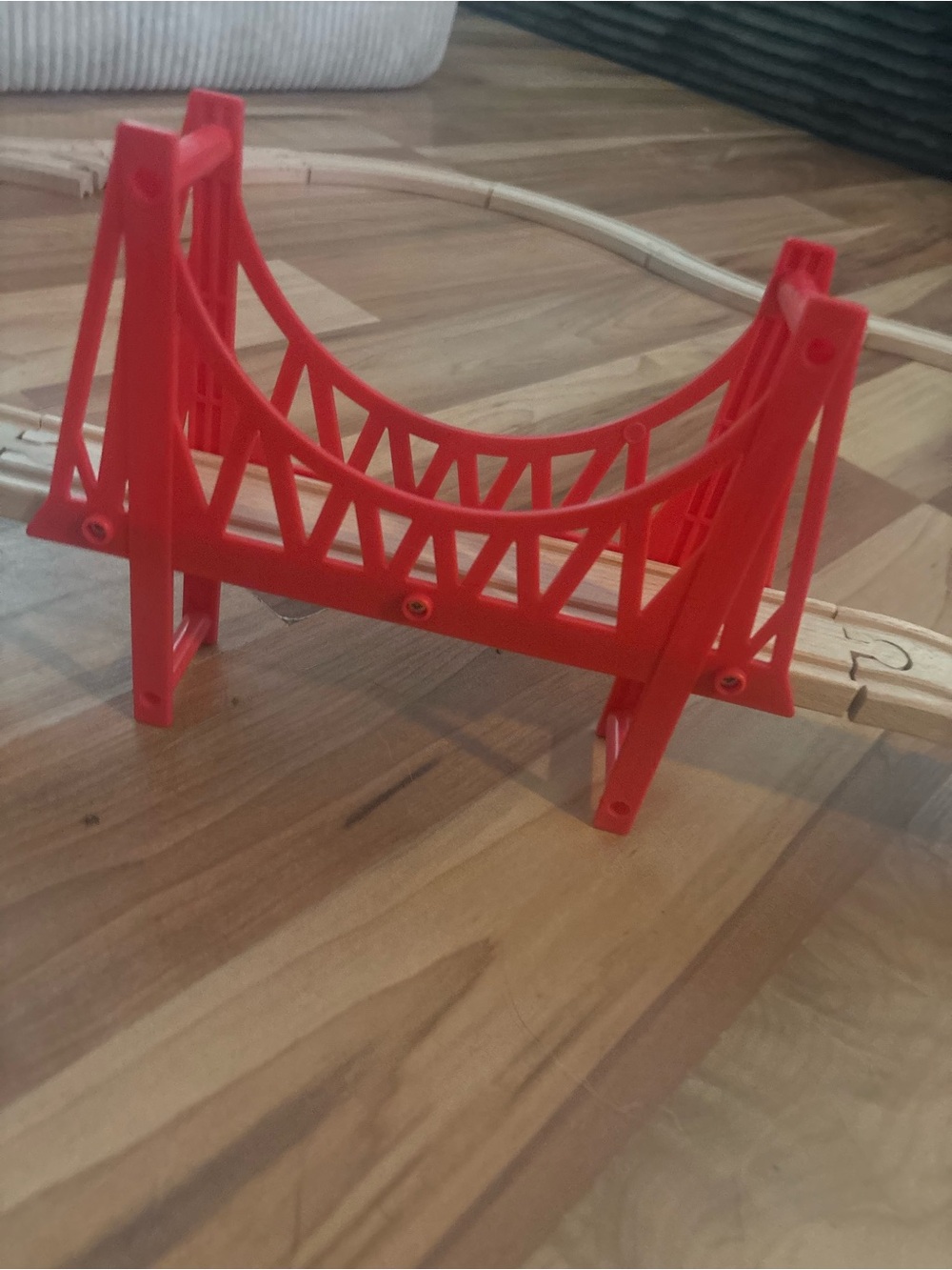 Red Wooden Toy Train Bridge with Track Pieces - Picture 2 of 5